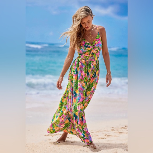 Cupshe Pink Tropical Floral Maxi Dress Open Tie Back Size Medium - Picture 4 of 11